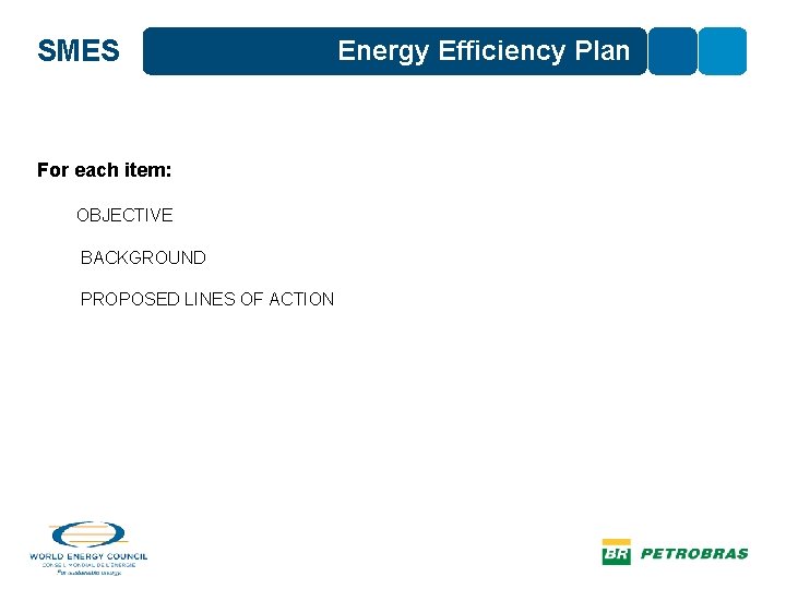 SMES For each item: OBJECTIVE BACKGROUND PROPOSED LINES OF ACTION Energy Efficiency Plan 