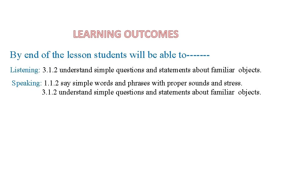 LEARNING OUTCOMES By end of the lesson students will be able to------Listening: 3. 1.