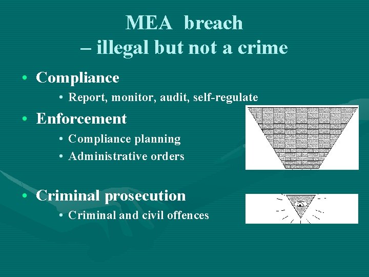 MEA breach – illegal but not a crime • Compliance • Report, monitor, audit,