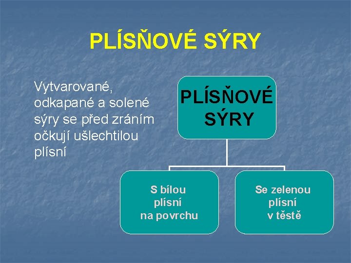 PLÍSŇOVÉ SÝRY Vytvarované, odkapané a solené sýry se před zráním očkují ušlechtilou plísní PLÍSŇOVÉ