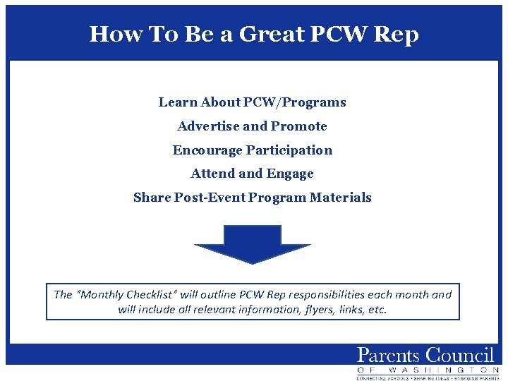 How To Be a Great PCW Rep Learn About PCW/Programs Advertise and Promote Encourage