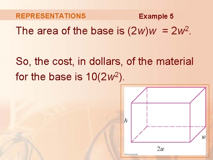 REPRESENTATIONS Example 5 The area of the base is (2 w)w = 2 w