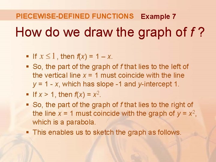 PIECEWISE-DEFINED FUNCTIONS Example 7 How do we draw the graph of f ? §