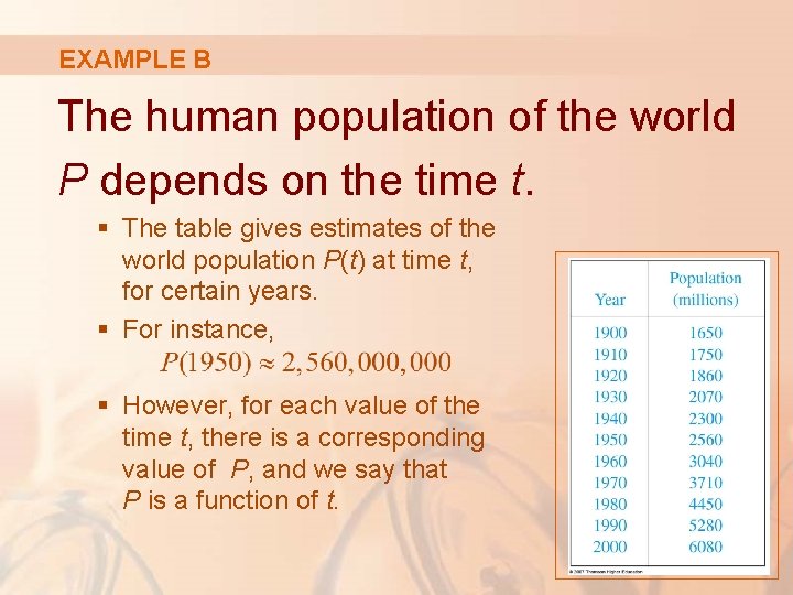 EXAMPLE B The human population of the world P depends on the time t.