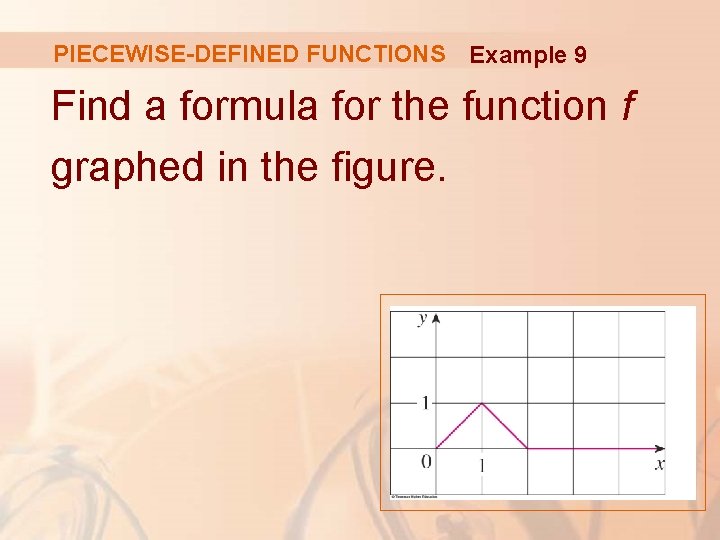 PIECEWISE-DEFINED FUNCTIONS Example 9 Find a formula for the function f graphed in the