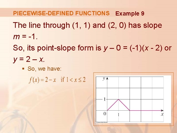 PIECEWISE-DEFINED FUNCTIONS Example 9 The line through (1, 1) and (2, 0) has slope