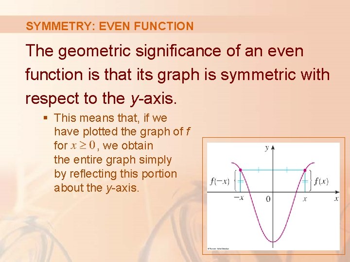 SYMMETRY: EVEN FUNCTION The geometric significance of an even function is that its graph