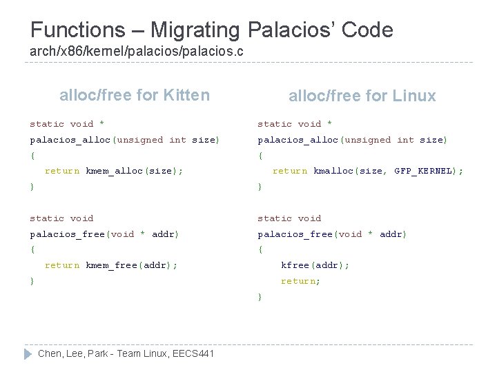 Functions – Migrating Palacios’ Code arch/x 86/kernel/palacios. c alloc/free for Kitten alloc/free for Linux