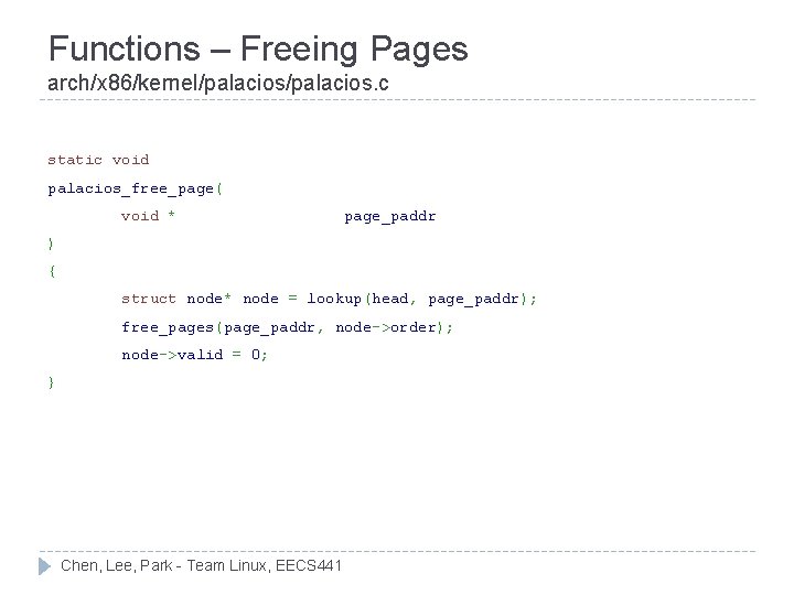 Functions – Freeing Pages arch/x 86/kernel/palacios. c static void palacios_free_page( void * page_paddr )
