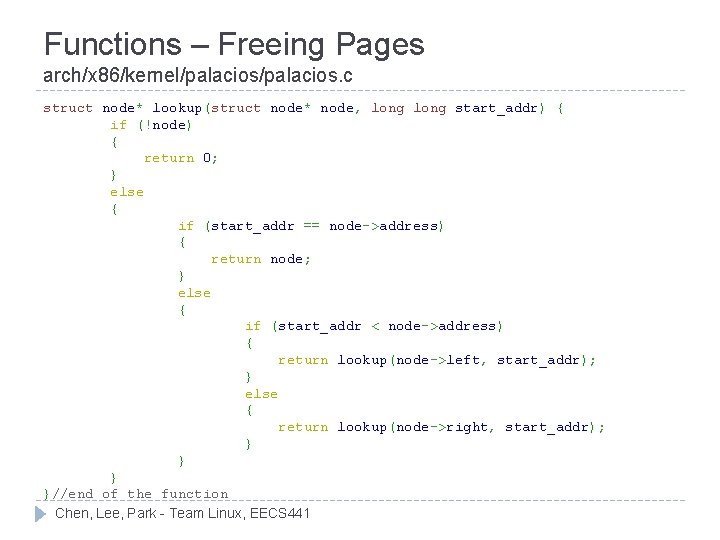 Functions – Freeing Pages arch/x 86/kernel/palacios. c struct node* lookup(struct node* node, long start_addr)