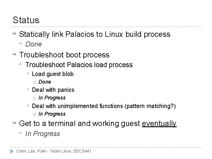 Status Statically link Palacios to Linux build process Done Troubleshoot boot process Troubleshoot Palacios