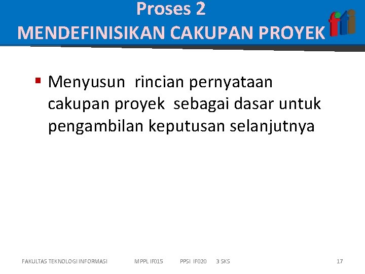 Proses 2 MENDEFINISIKAN CAKUPAN PROYEK § Menyusun rincian pernyataan cakupan proyek sebagai dasar untuk