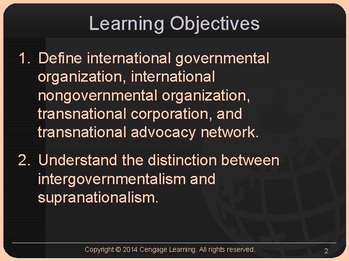 Learning Objectives 1. Define international governmental organization, international nongovernmental organization, transnational corporation, and transnational Learning Objectives 1. Define international governmental organization, international nongovernmental organization, transnational corporation, and transnational