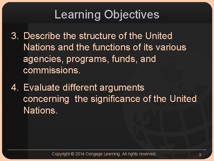 Learning Objectives 3. Describe the structure of the United Nations and the functions of Learning Objectives 3. Describe the structure of the United Nations and the functions of