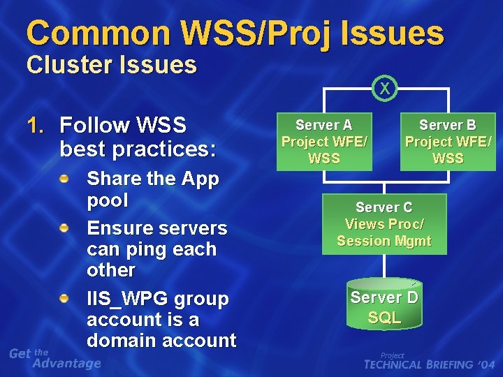 Common WSS/Proj Issues Cluster Issues 1. Follow WSS best practices: Share the App pool Common WSS/Proj Issues Cluster Issues 1. Follow WSS best practices: Share the App pool