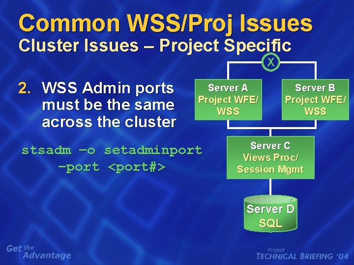 Common WSS/Proj Issues Cluster Issues – Project Specific X 2. WSS Admin ports must Common WSS/Proj Issues Cluster Issues – Project Specific X 2. WSS Admin ports must