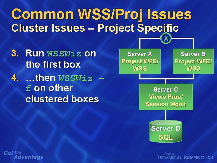 Common WSS/Proj Issues Cluster Issues – Project Specific X 3. Run WSSWiz on the Common WSS/Proj Issues Cluster Issues – Project Specific X 3. Run WSSWiz on the