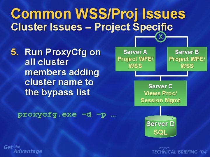 Common WSS/Proj Issues Cluster Issues – Project Specific X 5. Run Proxy. Cfg on Common WSS/Proj Issues Cluster Issues – Project Specific X 5. Run Proxy. Cfg on