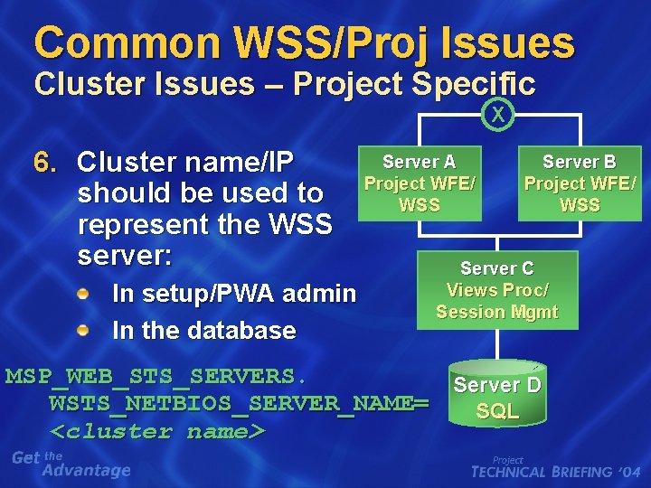 Common WSS/Proj Issues Cluster Issues – Project Specific X 6. Cluster name/IP should be Common WSS/Proj Issues Cluster Issues – Project Specific X 6. Cluster name/IP should be