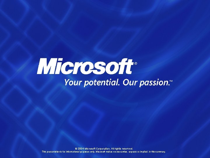 © 2004 Microsoft Corporation. All rights reserved. This presentation is for informational purposes only. © 2004 Microsoft Corporation. All rights reserved. This presentation is for informational purposes only.