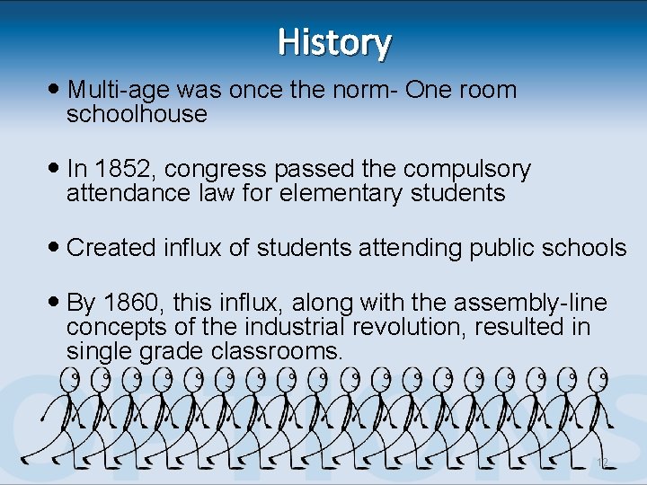 History Multi-age was once the norm- One room schoolhouse In 1852, congress passed the History Multi-age was once the norm- One room schoolhouse In 1852, congress passed the