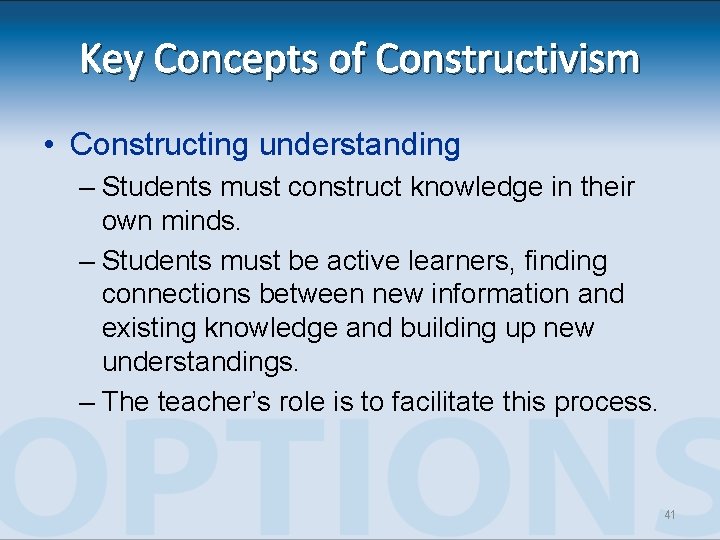 Key Concepts of Constructivism • Constructing understanding – Students must construct knowledge in their Key Concepts of Constructivism • Constructing understanding – Students must construct knowledge in their