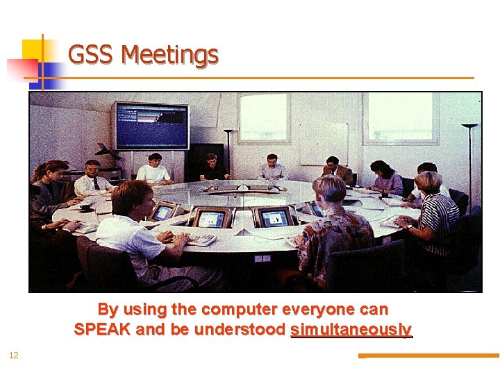 GSS Meetings By using the computer everyone can SPEAK and be understood simultaneously 12