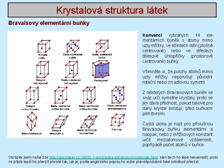 Krystalová struktura látek Bravaisovy elementární buňky Konvencí vybraných 14 elementárních buněk s atomy mimo Krystalová struktura látek Bravaisovy elementární buňky Konvencí vybraných 14 elementárních buněk s atomy mimo