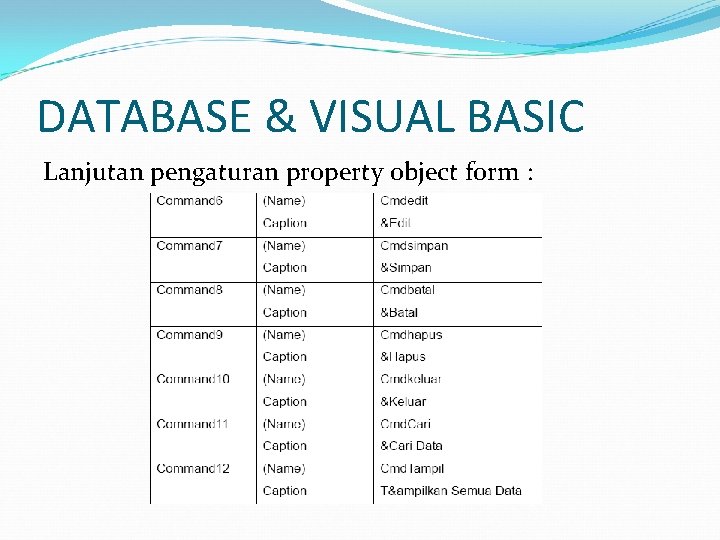 DATABASE & VISUAL BASIC Lanjutan pengaturan property object form : 