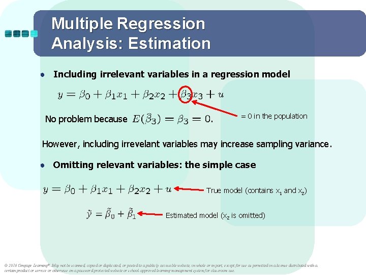 Multiple Regression Analysis: Estimation ● Including irrelevant variables in a regression model No problem Multiple Regression Analysis: Estimation ● Including irrelevant variables in a regression model No problem