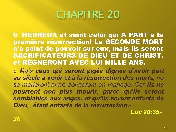 CHAPITRE 20 6 HEUREUX et saint celui qui A PART à la première résurrection!