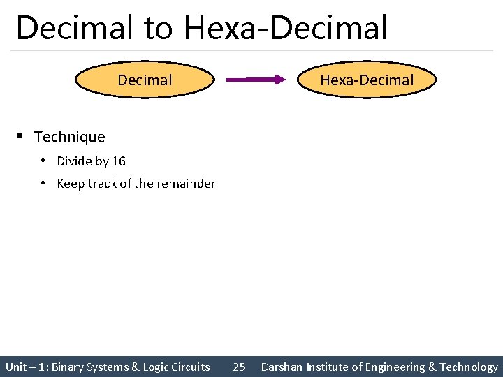 Decimal to Hexa-Decimal § Technique • Divide by 16 • Keep track of the