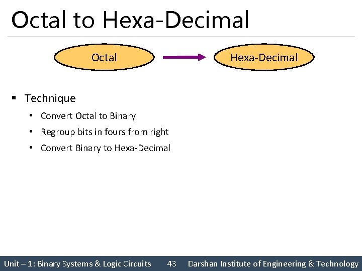 Octal to Hexa-Decimal Octal Hexa-Decimal § Technique • Convert Octal to Binary • Regroup