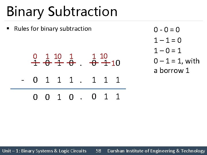 Binary Subtraction § Rules for binary subtraction 0 1 1 10 1 0. 0