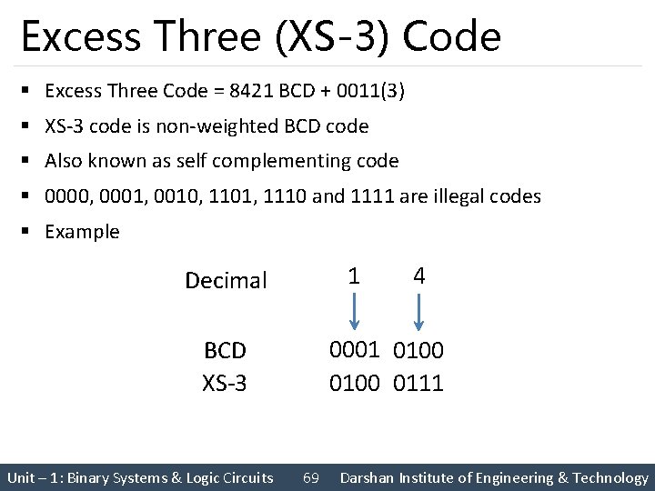 Excess Three (XS-3) Code § Excess Three Code = 8421 BCD + 0011(3) §
