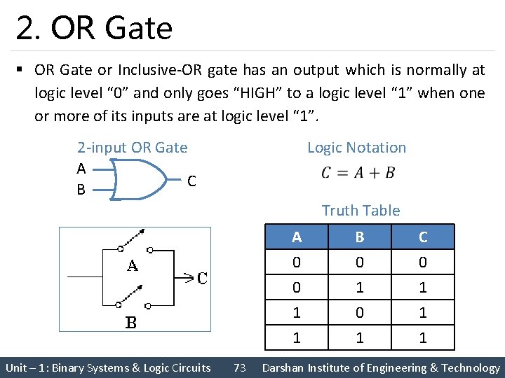 2. OR Gate § OR Gate or Inclusive-OR gate has an output which is