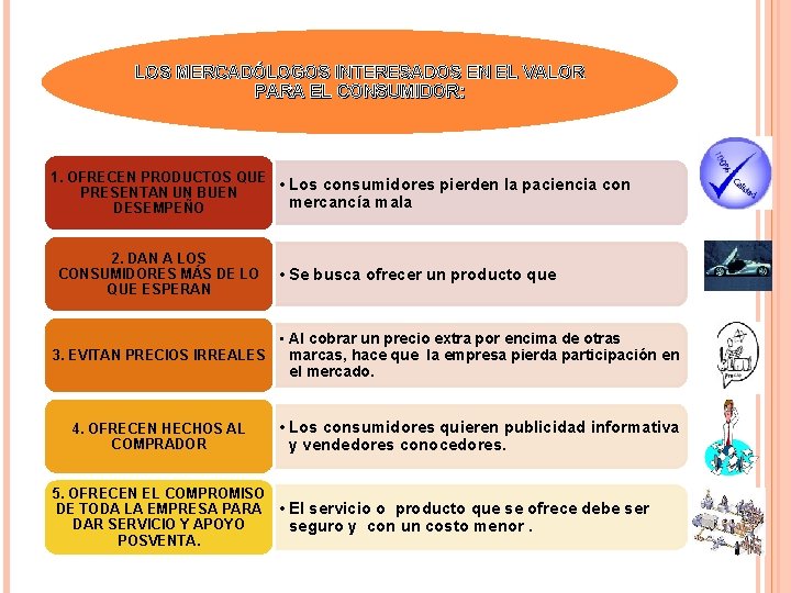 LOS MERCADÓLOGOS INTERESADOS EN EL VALOR PARA EL CONSUMIDOR: 1. OFRECEN PRODUCTOS QUE •