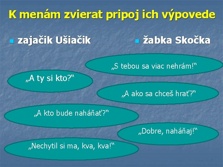 K menám zvierat pripoj ich výpovede n zajačik Ušiačik n žabka Skočka „S tebou