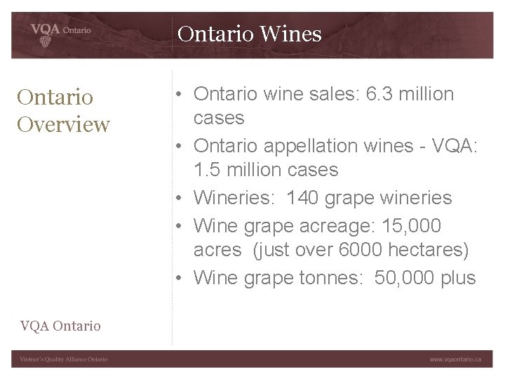 Ontario Wines Ontario Overview VQA Ontario • Ontario wine sales: 6. 3 million cases