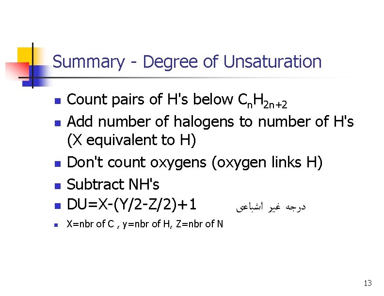 Summary - Degree of Unsaturation n Count pairs of H's below Cn. H 2