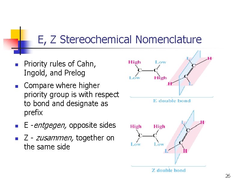 E, Z Stereochemical Nomenclature n n Priority rules of Cahn, Ingold, and Prelog Compare