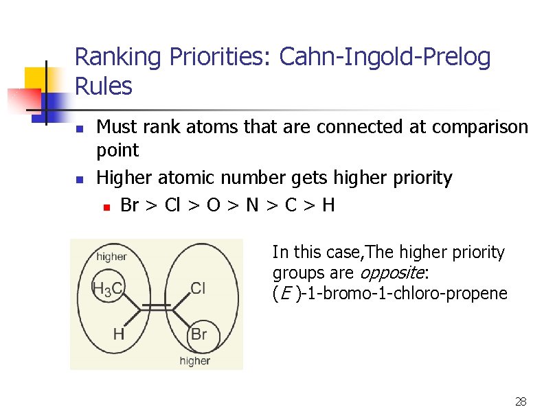 Ranking Priorities: Cahn-Ingold-Prelog Rules n n Must rank atoms that are connected at comparison