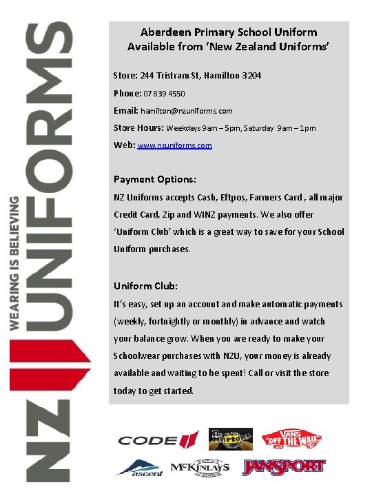 Aberdeen Primary School Uniform Available from ‘New Zealand Uniforms’ Store: 244 Tristram St, Hamilton