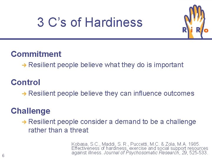 3 C’s of Hardiness Commitment Resilient people believe what they do is important Control