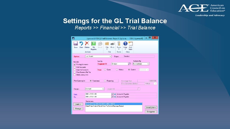 Settings for the GL Trial Balance Reports >> Financial >> Trial Balance 