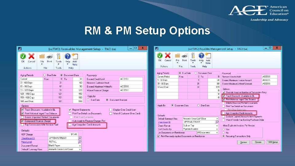 RM & PM Setup Options 