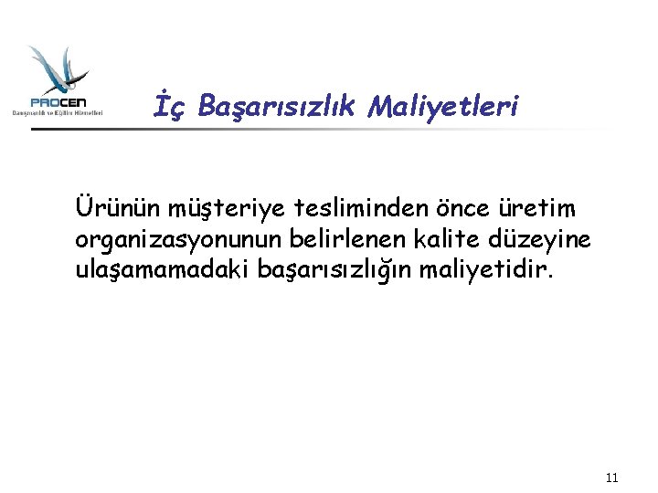 İç Başarısızlık Maliyetleri Ürünün müşteriye tesliminden önce üretim organizasyonunun belirlenen kalite düzeyine ulaşamamadaki başarısızlığın