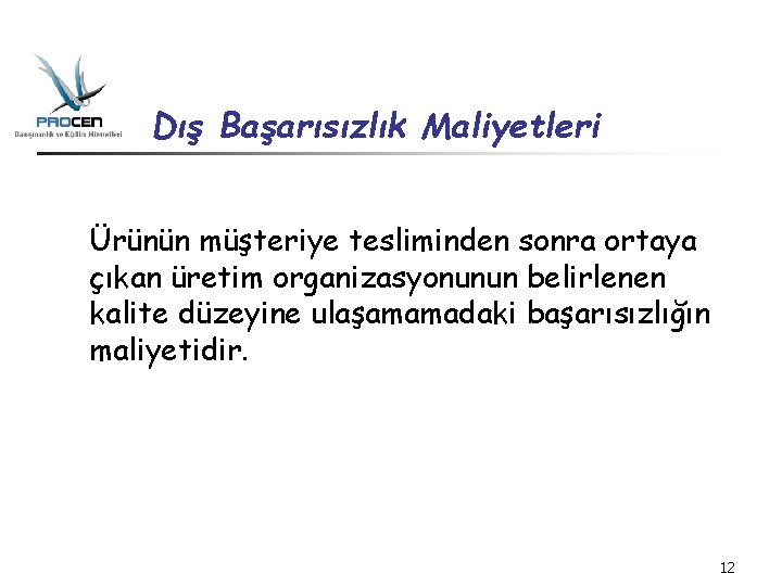 Dış Başarısızlık Maliyetleri Ürünün müşteriye tesliminden sonra ortaya çıkan üretim organizasyonunun belirlenen kalite düzeyine