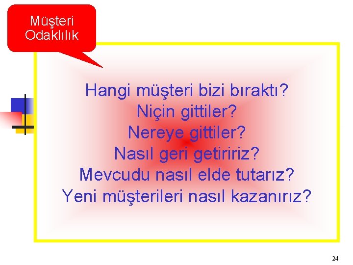 Müşteri Odaklılık Hangi müşteri bizi bıraktı? Niçin gittiler? Nereye gittiler? Nasıl geri getiririz? Mevcudu Müşteri Odaklılık Hangi müşteri bizi bıraktı? Niçin gittiler? Nereye gittiler? Nasıl geri getiririz? Mevcudu