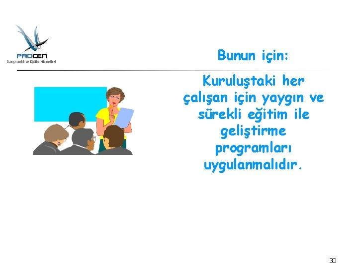 Bunun için: Kuruluştaki her çalışan için yaygın ve sürekli eğitim ile geliştirme programları uygulanmalıdır.